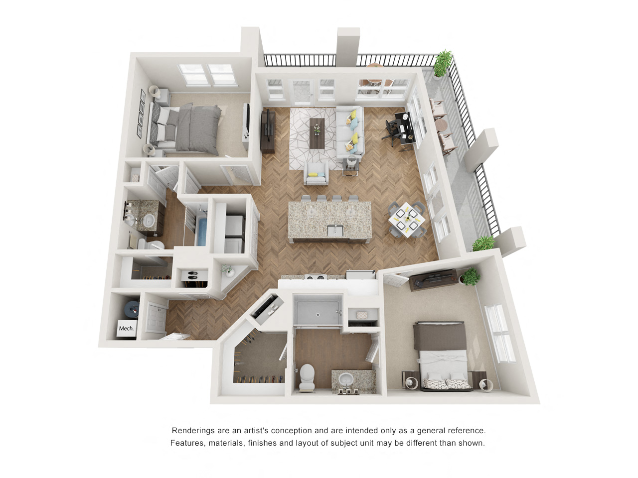 Floor plan for 2 beds, 2 baths, 1227 sqft